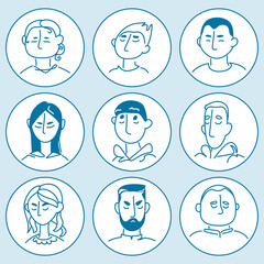 A set of simple icons with human faces drawn in turquoise blue lines 