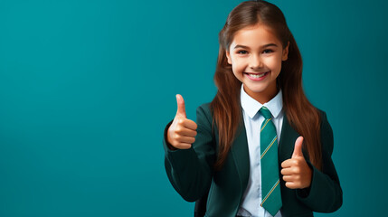 A school girl showing thumbs up pose portrait on isolated background - ai generative