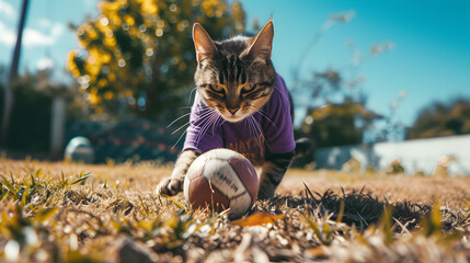 Action photograph of cat wearing a pink t-shirt playing soccer Animals. Sports