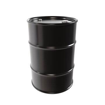 Black round metal barrel isolated on white background. Oil production industry. 3d-rendering