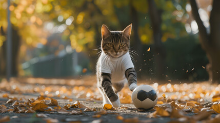 Action photograph of cat wearing a red t-shirt playing soccer Animals. Sports