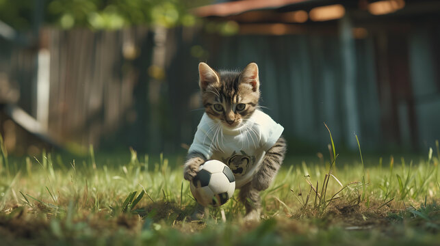 Action photograph of cat wearing a white t-shirt playing soccer Animals. Sports