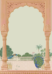Mughal garden with temple, arch, peacock, bird, plant vector illustration for wallpaper