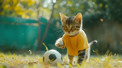 Action photograph of cat wearing a yellow t-shirt playing soccer Animals. Sports