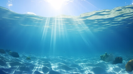 Sandy beach with light blue transparent water waves and sunlight, tranquil aerial beach scene