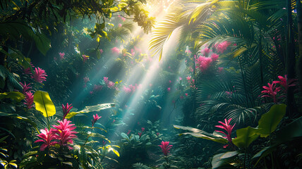 A tropical rainforest of vegetation and vibrant flowers with light rays piercing through the foliage
