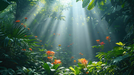 Fototapeta na wymiar A tropical rainforest of vegetation and vibrant flowers with light rays piercing through the foliage