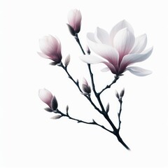 a dark, slender branch bearing two delicate magnolia flowers. Their pinkish-white petals are soft and inviting against the white background