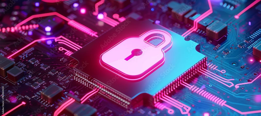 Poster high tech cpu with interactive holographic lock icon and copy space for text placement