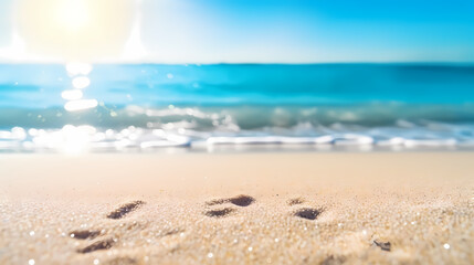 Sandy beach with light blue transparent water waves and sunlight, tranquil aerial beach scene