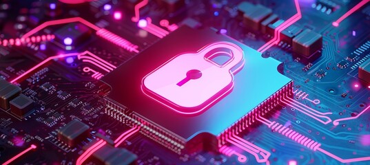 High tech cpu with interactive holographic lock icon and copy space for text placement