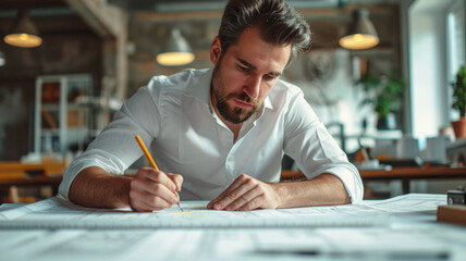 A male engineer, designer in a white shirt holds a pencil in his hand and marks symbols on a black and white technical drawing, daylight from the window.