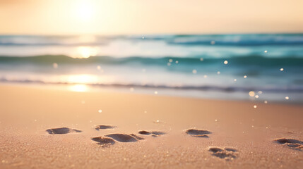Sandy beach with light blue transparent water waves and sunlight, tranquil aerial beach scene