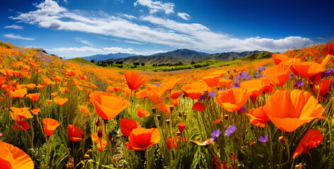 Beautiful orange poppies blooming in the mountains at sunset, Poppies and cornflowers in California, United States.