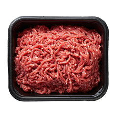 Raw beef mince or ground beef in plastic tray. Isolated on a Transparent background