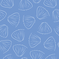 Scallop seamless pattern on a blue in line art style. Undersea design for fabric, textile print, wrapping paper, cover. Vector illustration on a blue background.