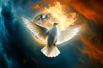 Fotobehang Vision of a dove and a burning planet. Peace on Earth © VetalStock