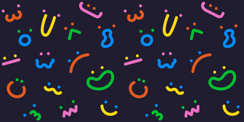 Abstract seamless background with doodles. Background with Funny Smileys, emotions and faces. Fun line doodle pattern. Simple childish scribble backdrop. Minimalist style art background for children