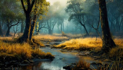 Obrazy na Plexi  Dziki, mroczny krajobraz w lesie, mokradła. Tapeta, dekoracja. Generative AI