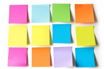 Colorful Set of sticky notes isolated on copy space white background, Empty blank note papers stick on white notice board, collection of abstract sticky paper sheets, colorful paper wallpaper concept