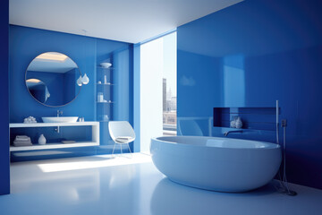True blue color minimal design decoration modern bathroom interior
