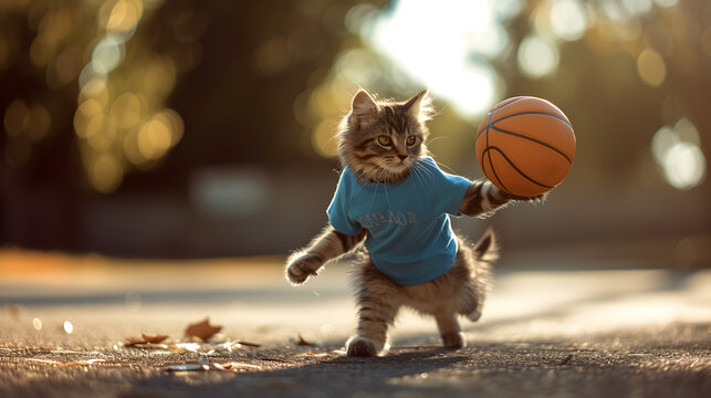Action photograph of cat wearing a blue t-shirt playing basketball Animals. Sports