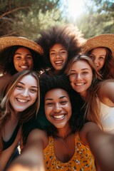 Fototapeta premium Summer Friends Group Selfie on Sunny Hillside