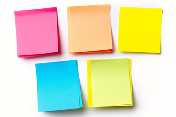 Colorful Set of sticky notes isolated on copy space white background, Empty blank note papers stick on white notice board, collection of abstract sticky paper sheets, colorful paper wallpaper concept