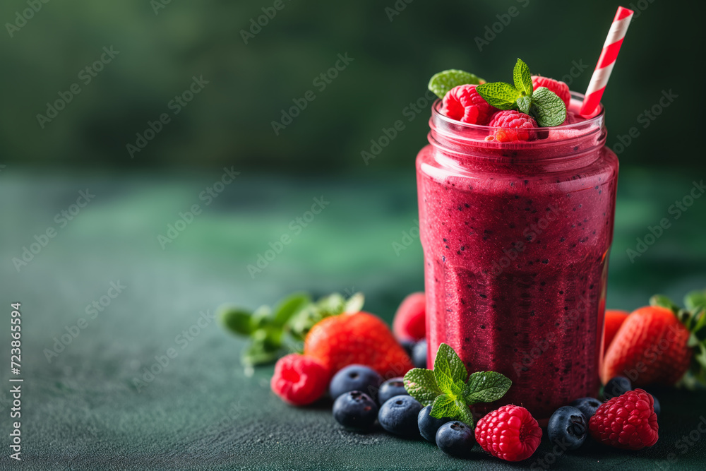 Wall mural mixed berry smoothie with strawberry, blueberry and raspberry berryes isolated on green background.