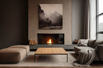 Interior of modern living room with fireplace, sofa, square ottomans and coffee table