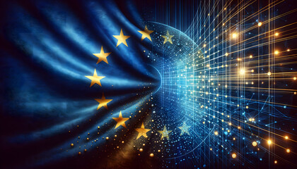 Digitalization in Europe. EU flag goes over into digital data lines and points. - obrazy, fototapety, plakaty