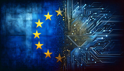 Digitalization in Europe. EU flag goes over into digital data lines and points.