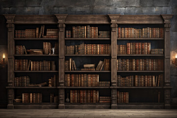 Vintage library bookcase and old books lined up on the shelves. Generative ai