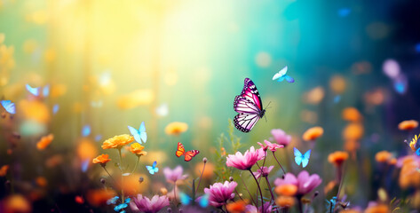 Colorful meadow flowers with butterfly in the morning. Nature background,Cherry blossoms and butterflies against blue sky. Nature background.