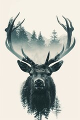 Digital painting of a wild elk stag in a foggy forest.