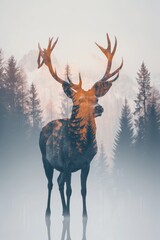 Double exposure of a deer in a foggy forest with mountains in the background