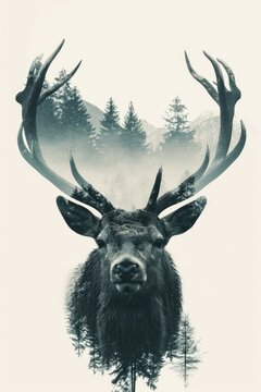 Digital painting of a wild elk stag in a foggy forest.