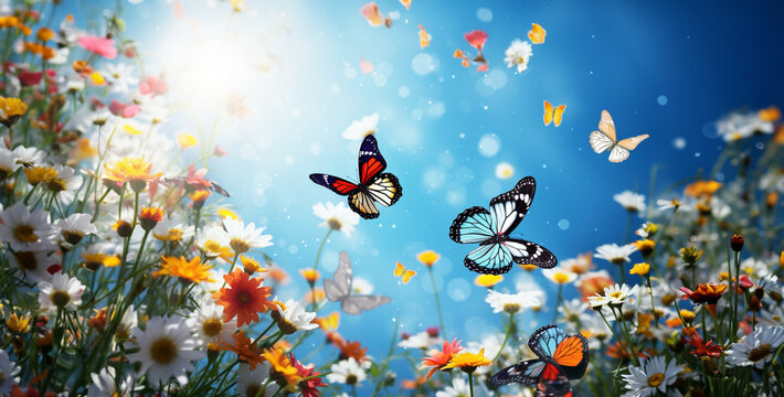 Colorful meadow flowers with butterfly in the morning. Nature background,Cherry blossoms and butterflies against blue sky. Nature background.