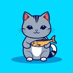 Cute cat holding fish cartoon icon illustration