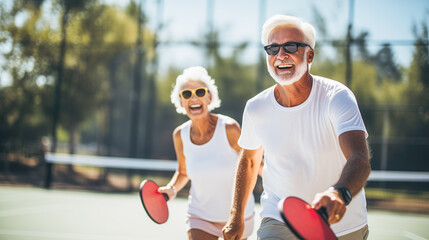 Couple of smiling seniors playing pickleball on a sunny day