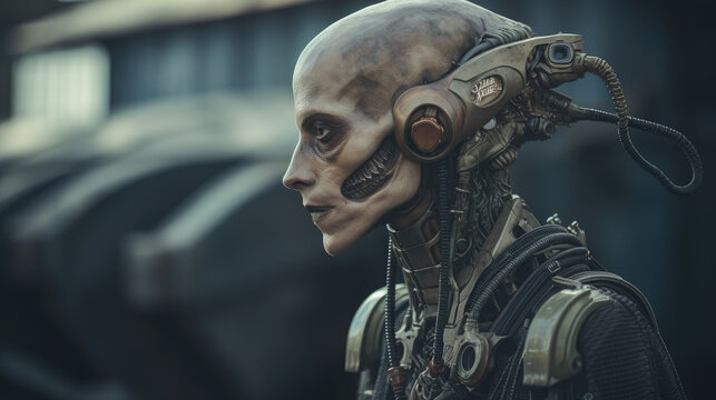 Warrior military alien with non-human biological entity concept with big eyes. Generative ai