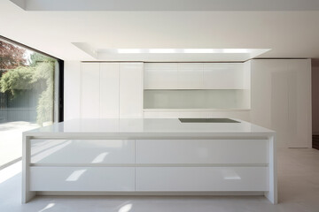 White minimalistic kitchen interior. White cabinets, big island with quartz worktops. Mock up, show home kitchen