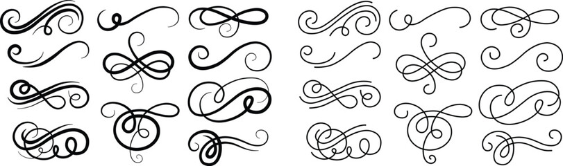 Black line calligraphic vintage swirl icon set. Classic antique typographic filigree curls. Elegant retro Ink hand drawn swashes. Christmas ornate wedding invitation. Victorian style flourish scroll.