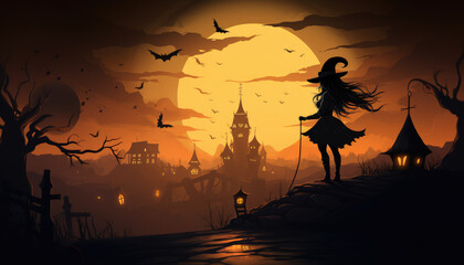 Naklejka premium Witch and haunted house silhouette sunset halloween wallpaper