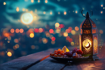 Arabic lantern with dried fruits on a wooden table on the background of the night city, Ramadan