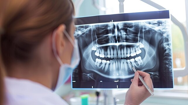 Doctor points to filled root canal in dental x-ray.