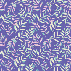 Trendy pastel leaves branches seamless pattern on a violet background. Abstract stylized tropical floral printing. Vector drawn illustration stems leaf. Template for design, textile, fashion, print