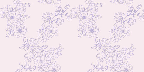 Obraz premium Seamless abstract artistic simple branches flowers pattern. Pastel light stylized floral background. Vector hand drawn sketch lines, outlines. Template for textile, fashion, printing, fabric