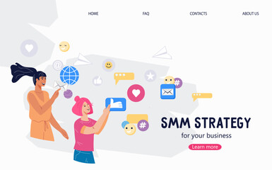 Web banner or landing page template for Social media management and strategy for success, flat vector illustration. Digital advertising, social media marketing.