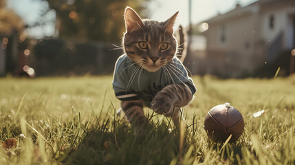 Action photograph of cat wearing a grey t-shirt playing american football Animals. Sports